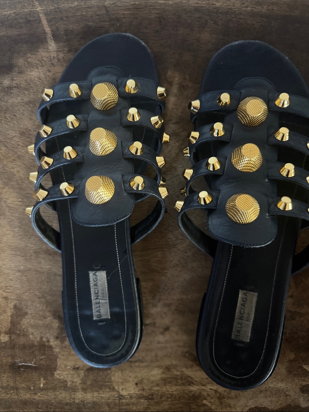 Balenciaga navy blue  Leather Slide Mules with Gold Dome Studs